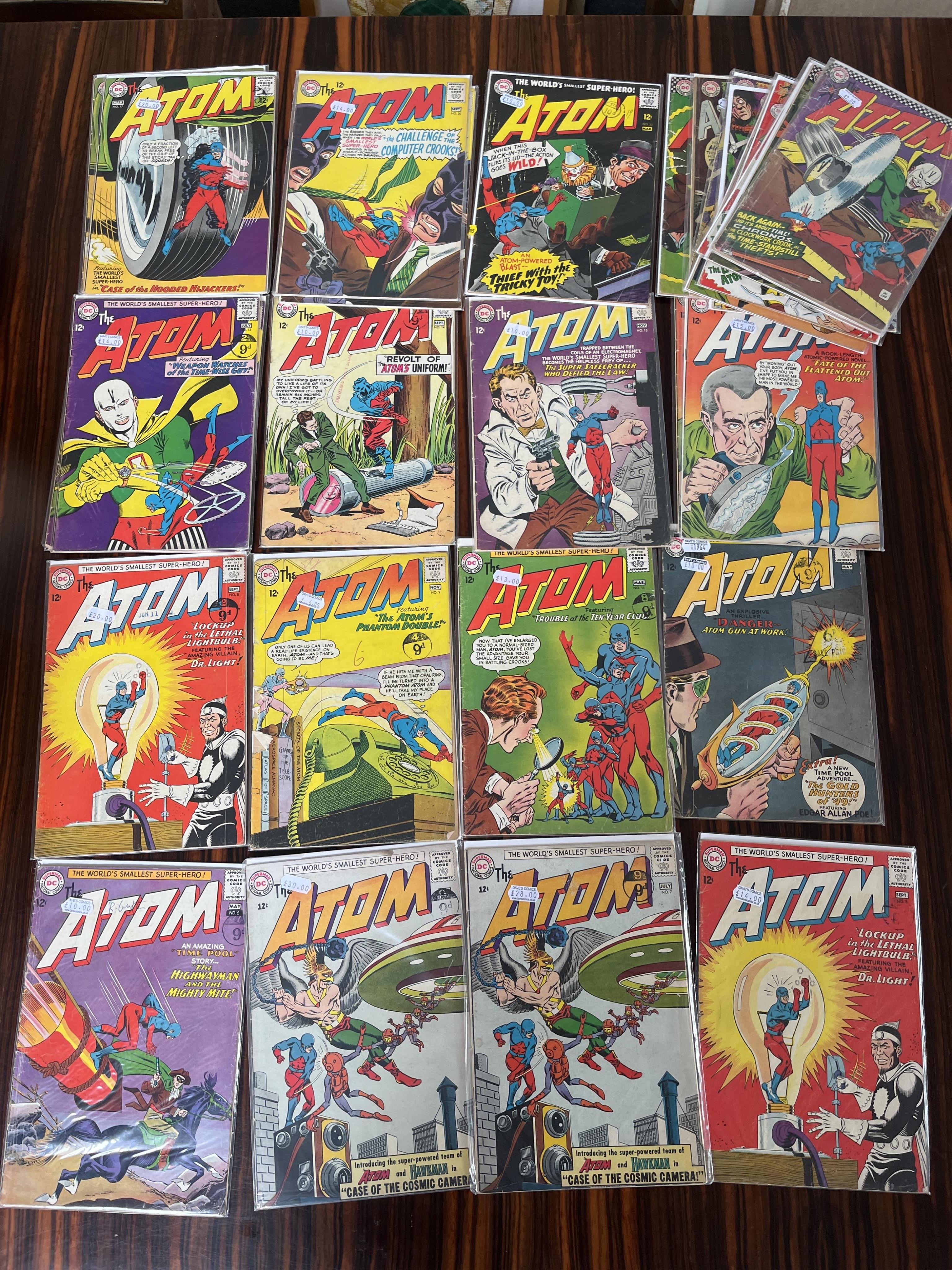 DC comics, The Atom, 1963-1968, 27 issues between #6–38, comprising, #6, #7 [minor key] x2, #8 x2, #9, #11, #12, #13 x2, #14 x2, #15, #16 x2, #17 x2, #20 x2, #23, #25, #28, #29 [minor key], #36 x2, #37, #38, and , The At